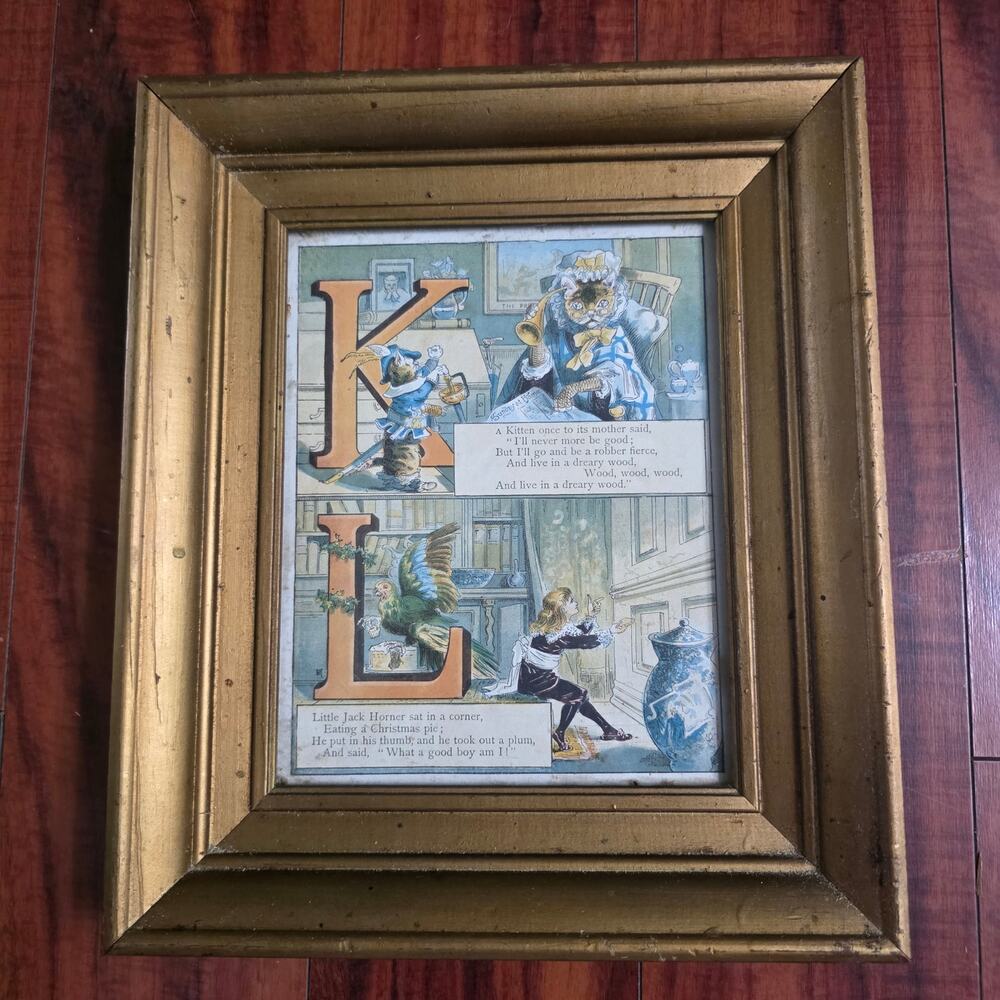 Antique Alphabet Print K & L Nursery Rhyme  Framed c.1905–1925